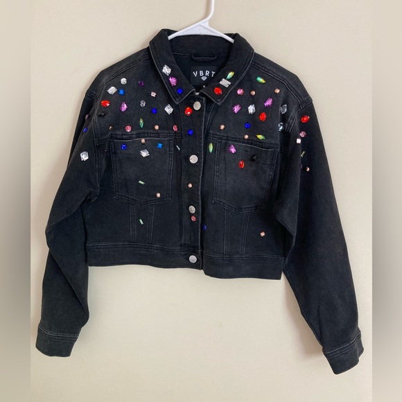 VBRT set of bedazzled jewel wide leg jeans and matching gem jean cropped jacket - Picture 4 of 10